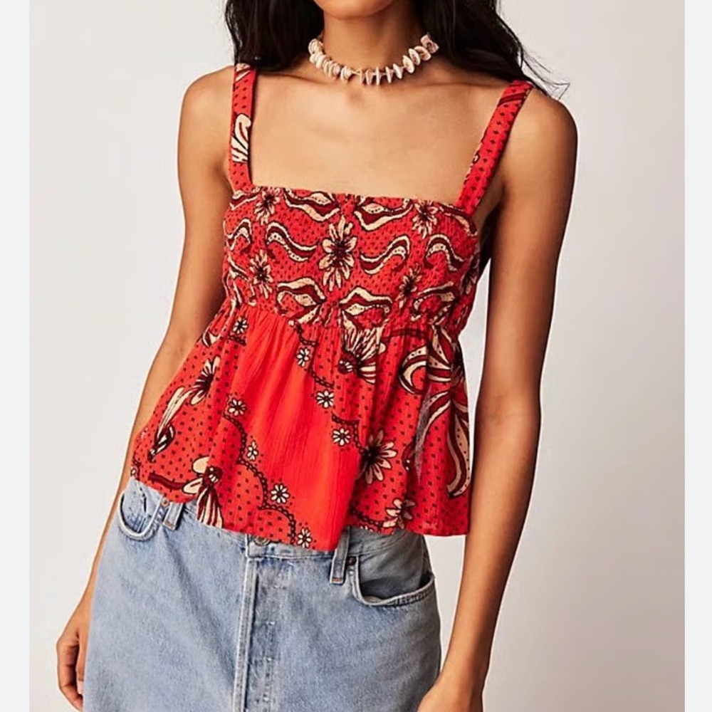 Free People FP One Emory Red Printed Backless Tie Top Boho Hippie